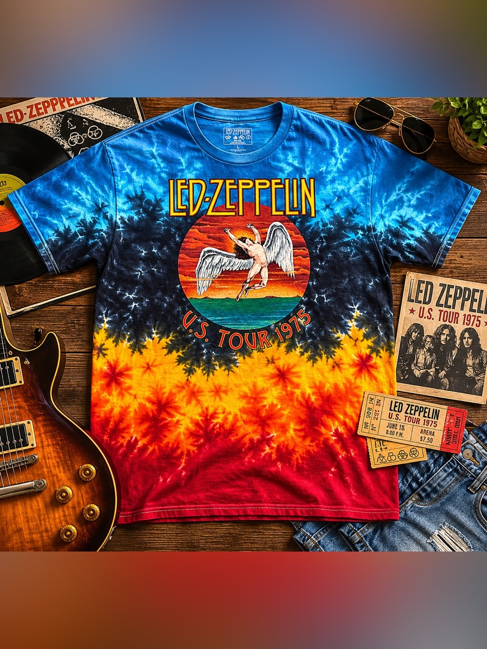 Led Zeppelin US Tour 1975 Tie Dye Band Tee Large Rock Concert Shirt